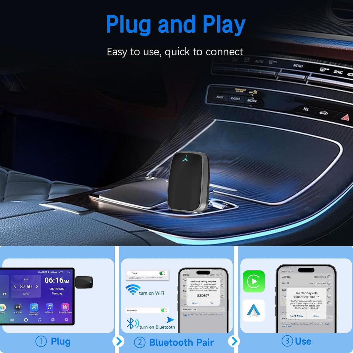 Mini Wireless Carplay Adapter, Convert Wired to Wireless Car Play & Android Auto 2-in-1 Adapter for Apple iPhone & Android Phone, Plug & Play, Auto Connect, No Delay, w/USB C for iOS 10+ Android11+