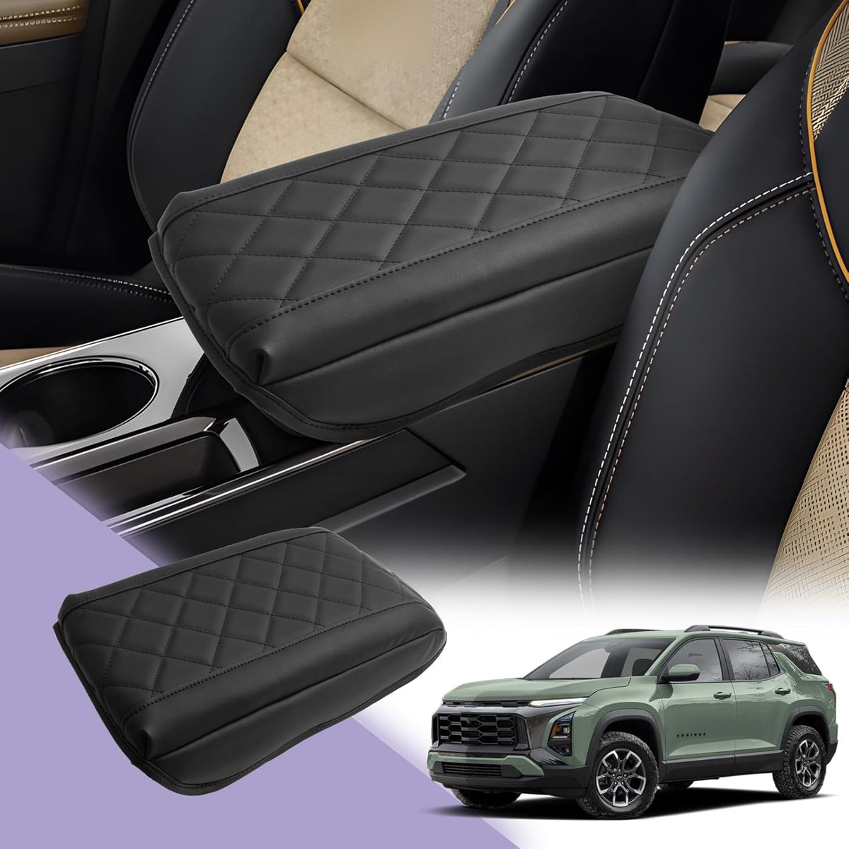 LUWU Center Console Cover Compatible with 2025 Chevrolet Equinox Accessories 2025 Equinox Armrest Cover Center Console Pad 2025 Equinox LT, ACTIV, RS Armrest Console Cover Soft Leather (Black B)