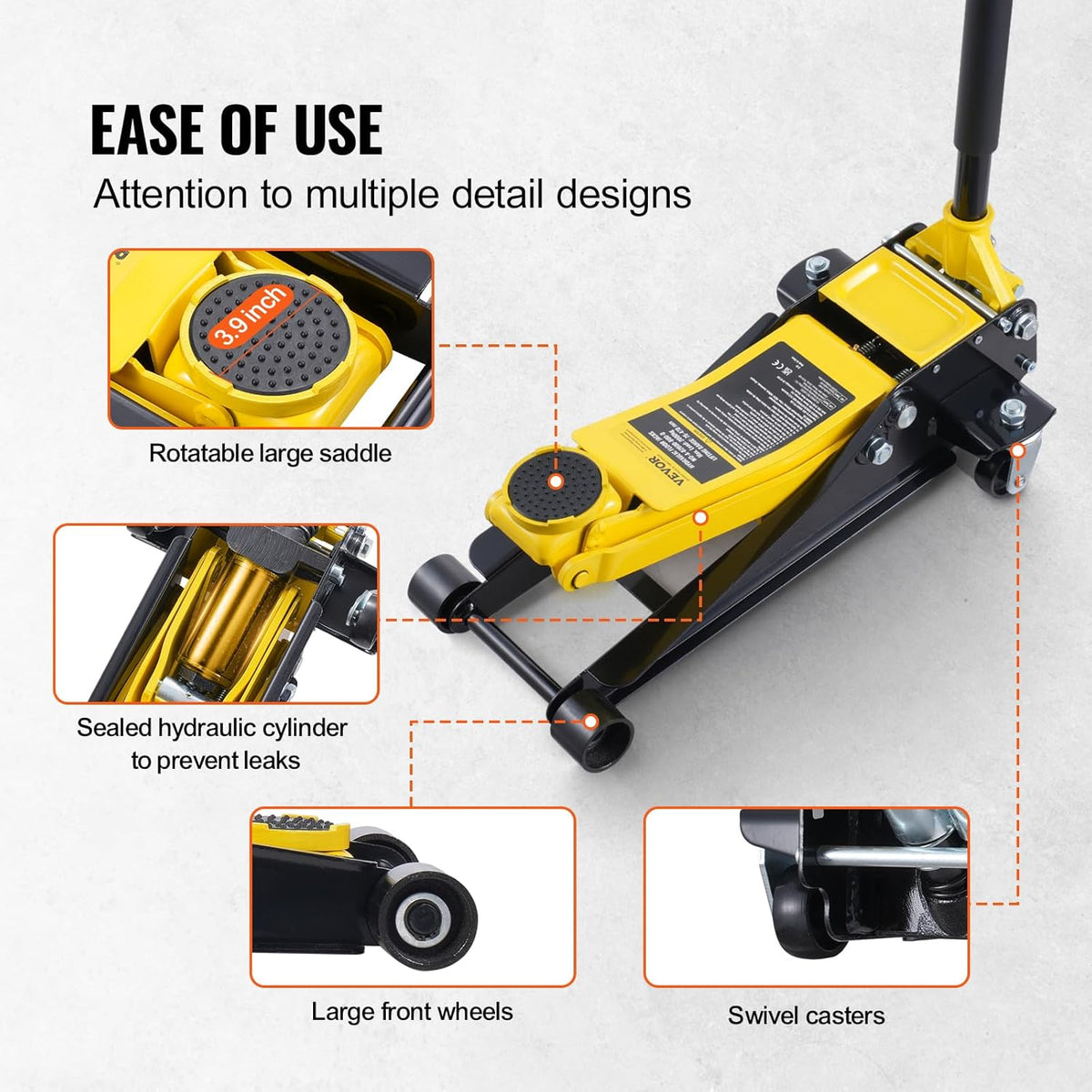 VEVOR Low Profile Floor Jack 2 Ton (4400 lbs), Heavy Duty Iron Hydraulic Racing Floor Jack, Hydraulic Car Jack, Dual Piston Quick Lift Pump, 3"-18.5" Height Lifting Range (Yellow)
