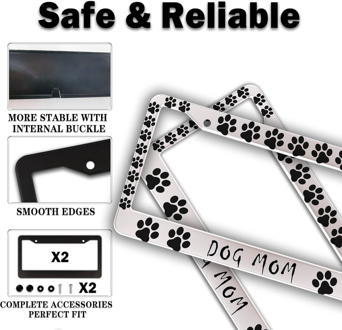 Fun License Plate Frame Cover Black and White License Plate Frames Dog Mom Dog Lover Aluminum Metal Car Accessory 2 Pack with Screw Covers Set