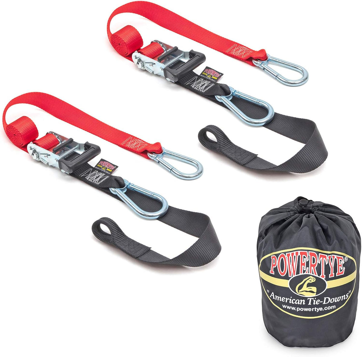 PowerTye - Made in USA - Heavy Duty Ratchet Tie Down Straps with Carabiner Hooks, Soft-Tye & Storage Bag, for Motorcycle, ATV, Trailer & Cargo, 1,000 lb WLL, 1.5 inch x 6.5ft Long, Red/Black (Pair)