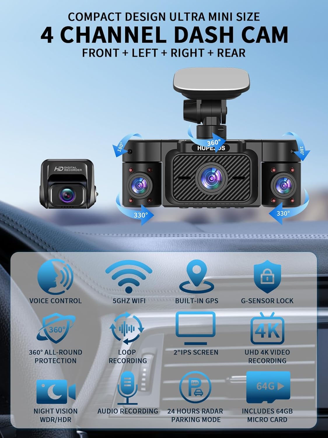 Dash Cam Front and Rear Inside, 360° Dash Camera for Cars 4 Channel 4K/2K FHD Mini Dashcam, Car Camera Built-in WiFi GPS, with 64GB Card, Voice Control, Night Vision WDR/HDR,24/7 Parking Mode V50-4CH