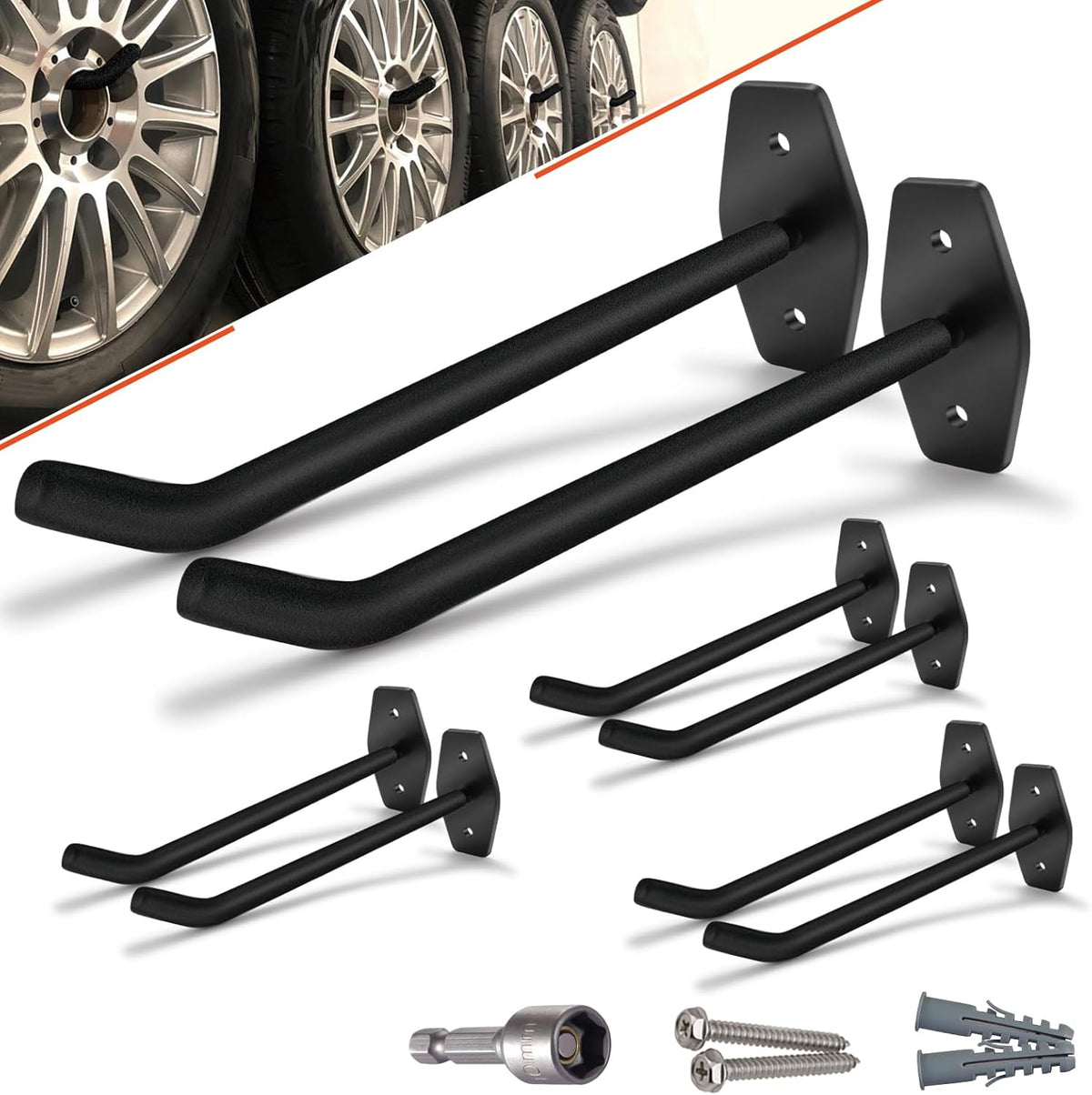 8 Pack Tire Storage Rack Wall Mount, 10in Large Garage Hooks Heavy Duty, Tire Hooks for Garage Wall, Wheel Hanger for Organizing Ladder, Folding Chairs (88lbs)