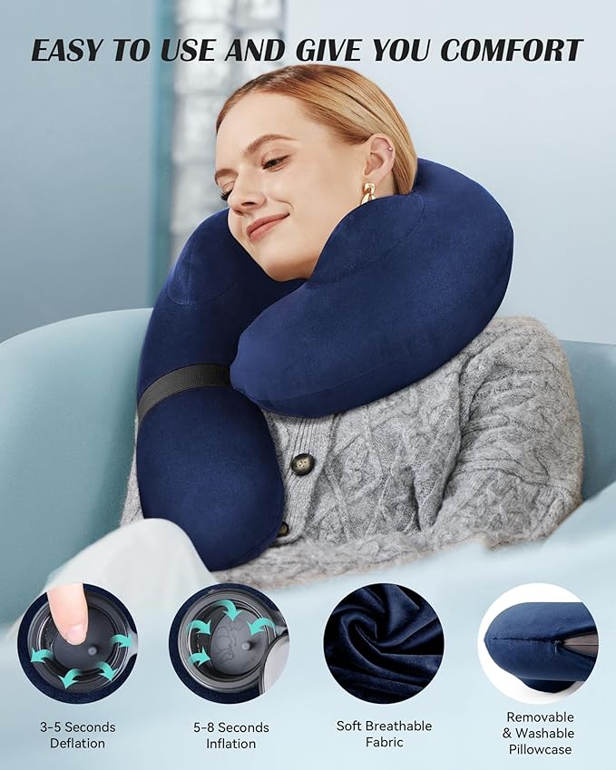Patented Design Inflatable Travel Neck Pillow – Airplane Neck Pillow with 360° Head & Neck Support, Soft Washable Velvet Cover, Compact Neck Support Pillow for Airplane,Train,Car,Office & Home (Blue)