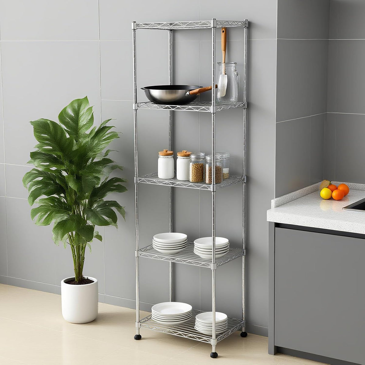 Chrome Small 5 Tiers Wire Shelving NSF Certified. Adjustable Storage Rack for Kitchen,Garage,and Laundry Utility Room (Chrome-Small-5Tiers-16x12x55)