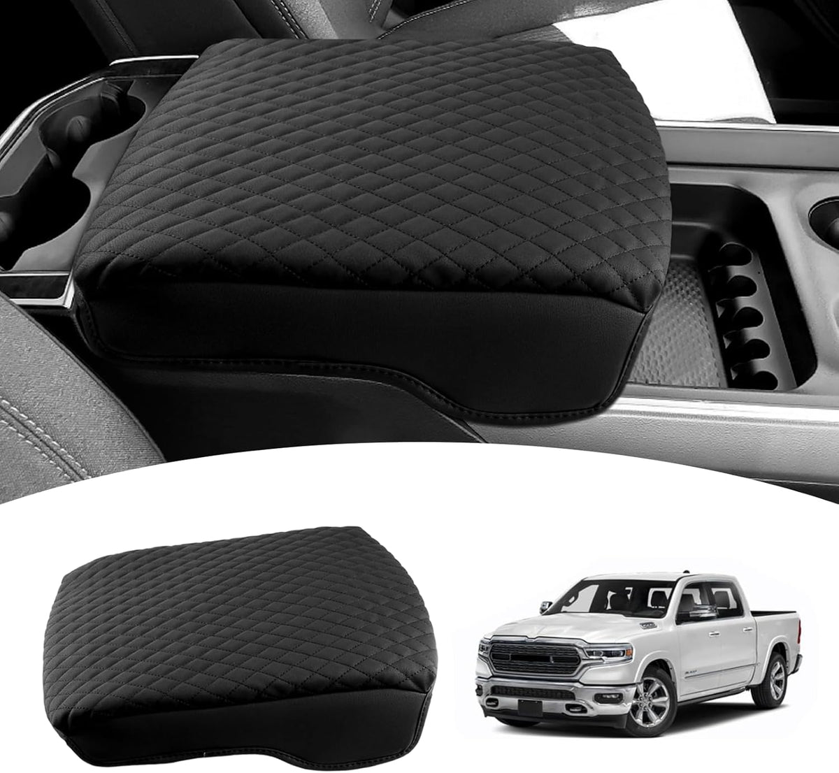 Shademax Custom for Dodge Ram 1500 Center Console Cover, Armrest Cushion Pad Cover for Dodge Ram 1500 2500 3500 Accessories 2019-2025 2026 Leather Dodge Ram Console Bucket Seat Protector Anti-Scratch