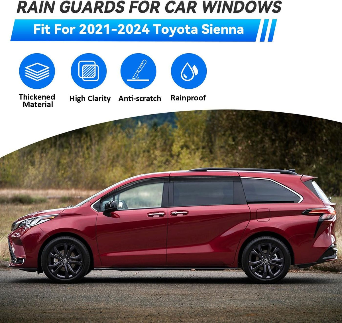 4pcs Front+Rear Smoke Tint Sun/Rain Guard Outside Mount Tape-On Vent Window Visors Compatible with 2021-2024 Toyota Sienna