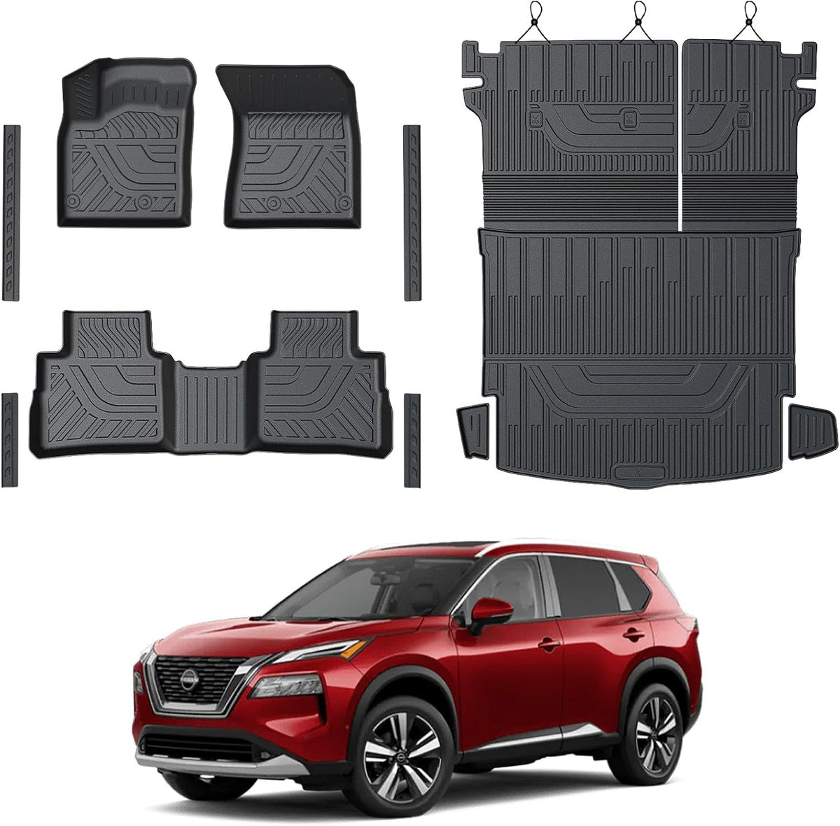 Floor Mats Set for Nissan Rogue 2025 2024-2021 Accessories, Full Coverage All Weather Floor Mats Cargo Mat with Backrest Protectors & Door Sill Guards (Not for Sport)