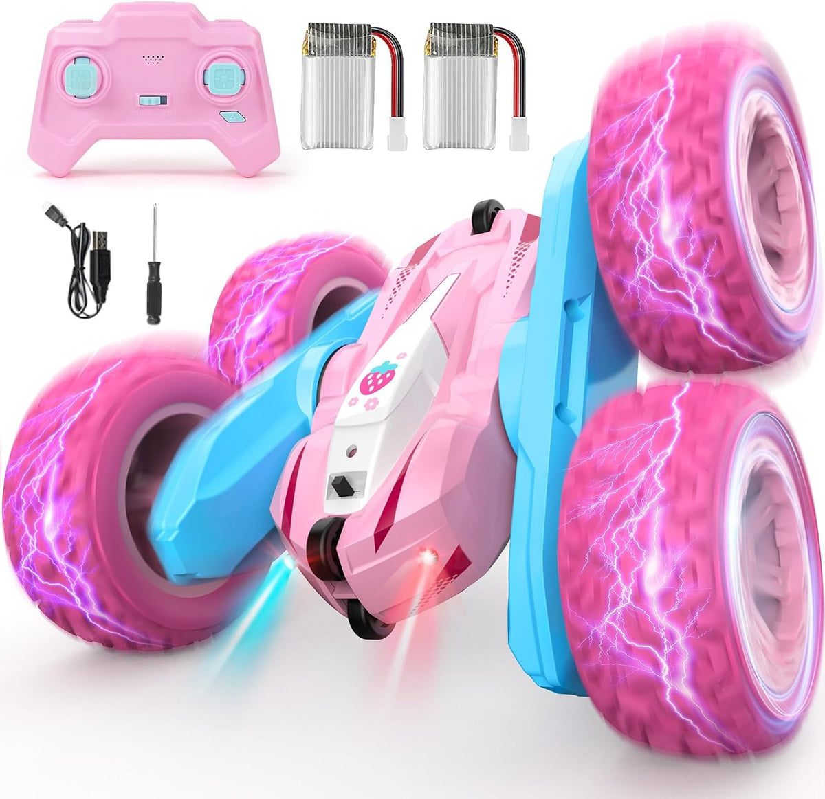 Remote Control Car, Pink RC Cars for Girls, Rechargeable RC Truck, 2.4Ghz Double Sided 360° Rotating Stunt Car Toy with Headlights, Birthday Gift for Kids Age 3+