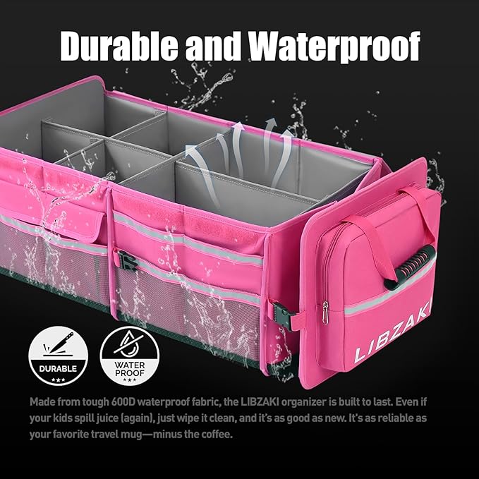 LIBZAKI Oversize 4 in 1 Car Trunk Storage Organizer, Multi Compartment Collapsible Trunk Storage Box with Cooler Bag for Car Truck SUV-Rose red