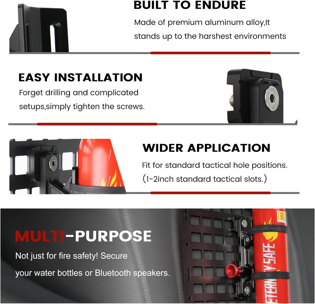 MOLLE Panel Fire Extinguisher Mount Kit-Quick Release Car Fire Extinguisher Mount Bracket for 1-2in Tactical Rigid MOLLE Panel Holes.Fire Extinguisher Holder Fits MOLLE Panels Accessories for Vehicle.