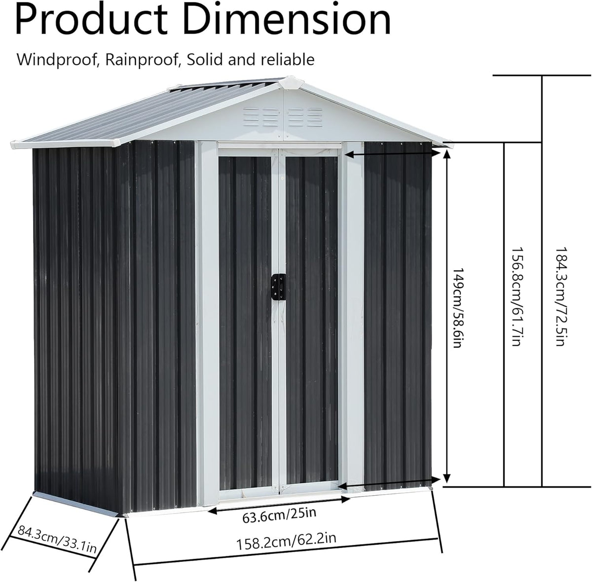 5X3 FT Outdoor Storage Shed with Floor Base, Waterproof Metal Garden Sheds w/Lockable Sliding Doors and Vents, Weather Resistant Tool Storage House for Backyard, Patio, Lawn, Dark Grey