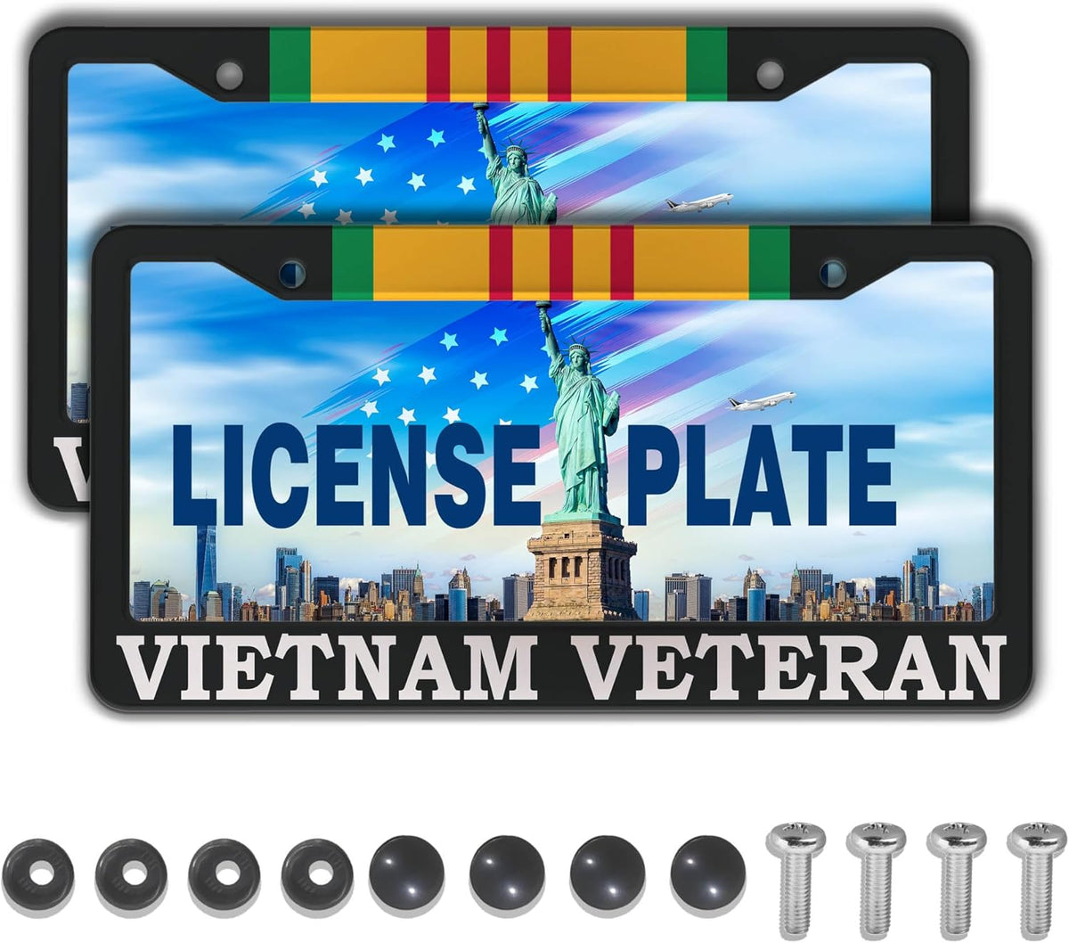 License Plate Cover Black and White License Plate Frames Vietnam Veteran Universal Aluminum Car Accessory 2 Pack with Screw Covers Set