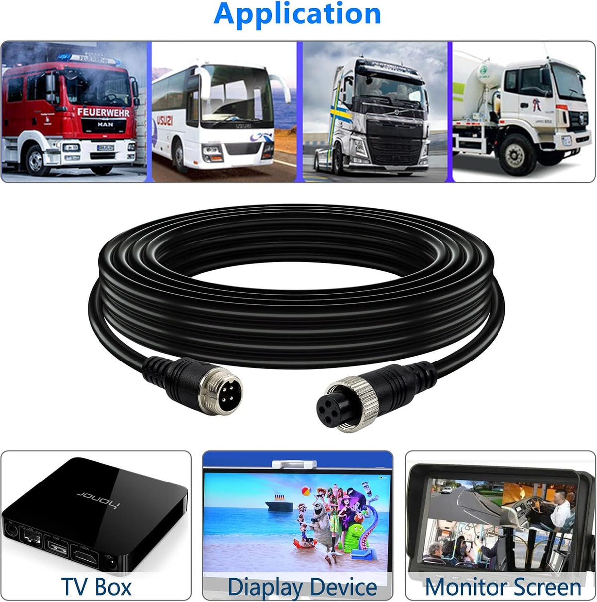 4-pin Aviation Video Extension Cable, Lonlonty Backup Camera Extension Cable for Car, Trailer, Bus, Truck Reversing Rear View Camera.(33FT/10M)