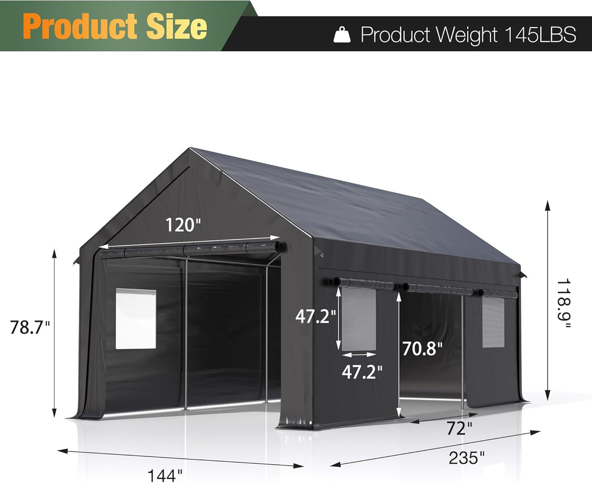 Polar Aurora Carport, 12x20 FT Heavy Duty Carport with Side-Opening Door & Roll-Up Windows, Car Port Canopy, Outdoor Portable Garage for Car, Truck, Boat, Motorcycle