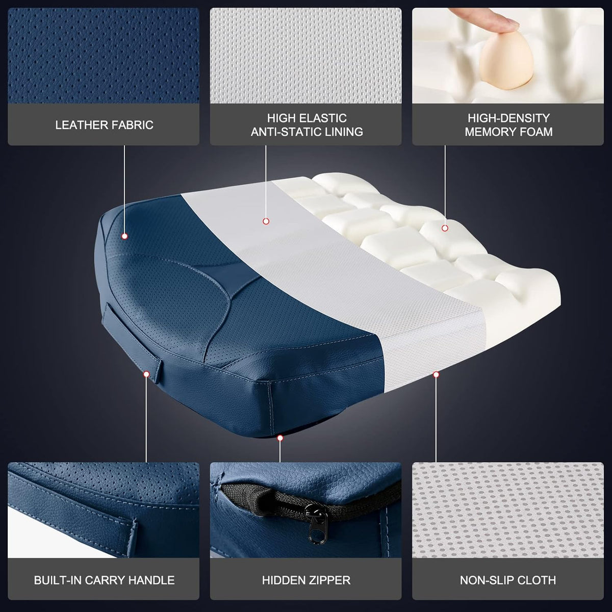 Leather Car Memory Foam Heightening Seat Cushion for Short People Driving,Hip(Coccyx/Tailbone) and Lower Back Pain Relief Butt Pillows,for Truck,SUV,Office Chair,Wheelchair,etc. (Blue
