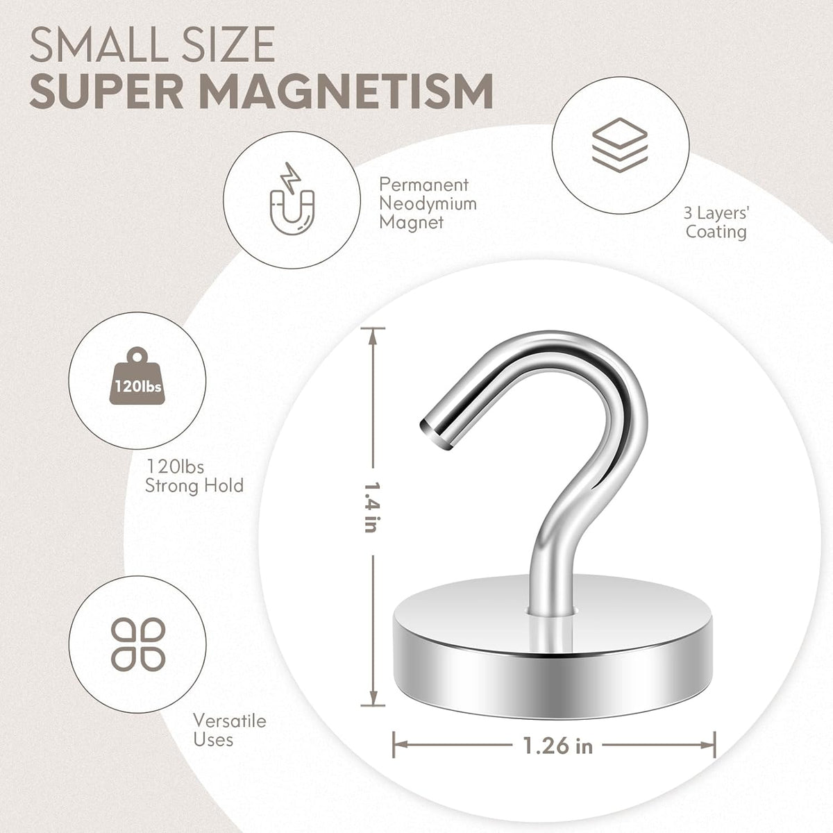 Neosmuk Magnetic Hooks, Cruise Ship Essentials, 120lb+ Heavy Duty Magnetic Hooks for Cruise Cabins, Refrigerator, Grill, Hanging, and Travel | Extra Strong Must-Haves Magnet Hook,Silver, Pack of 10
