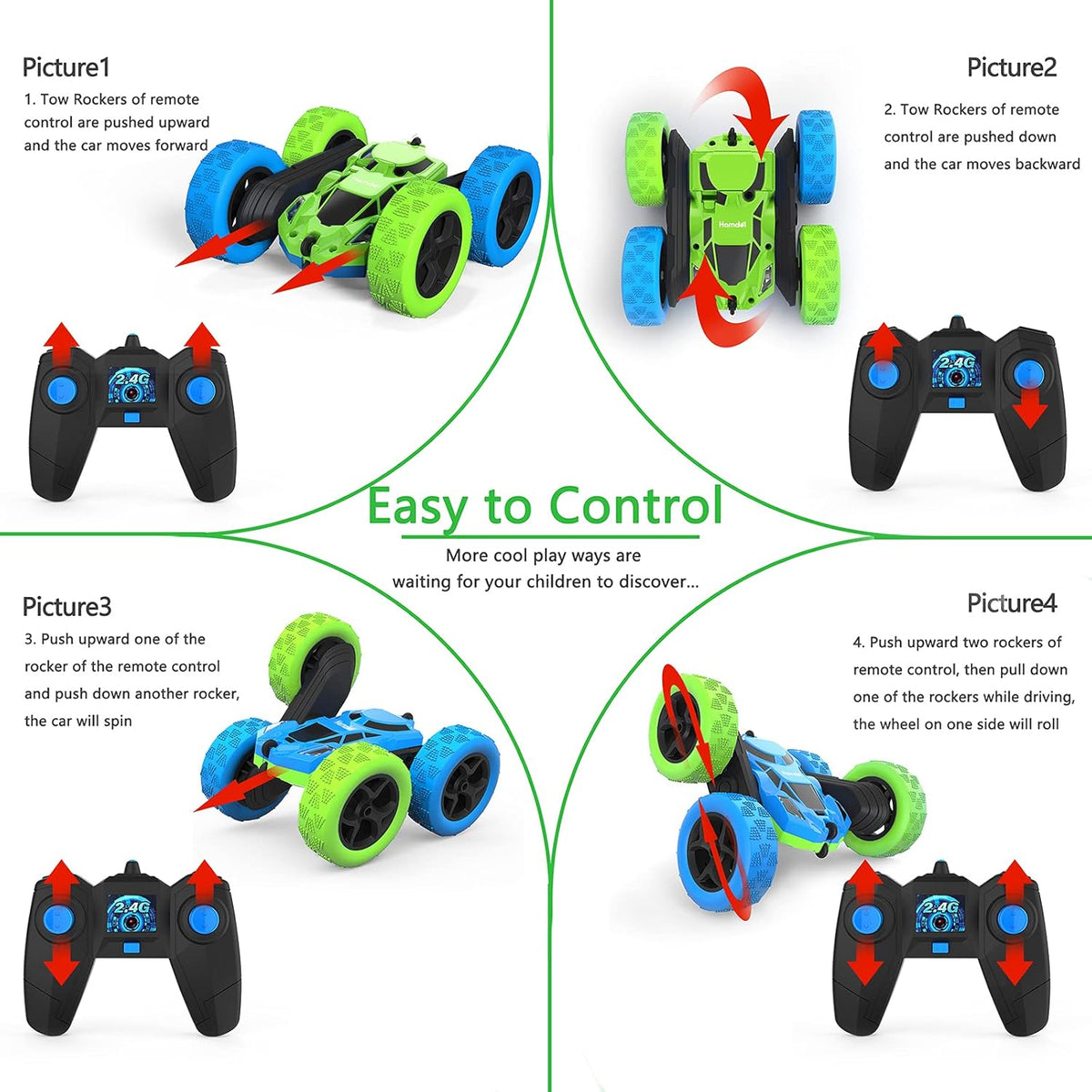 Remote Control Car for 6-12 Year Old Double Sided 360°Rotating 4WD RC Cars with Headlights 2.4GHz Electric Rechargeable Race Stunt Toy Car for Boys Girls Birthday (Blue&Green)