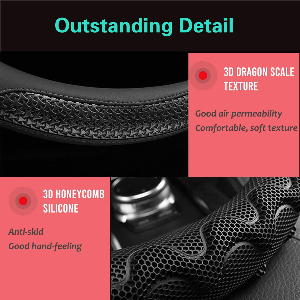 PINCTROT Large Size Steering Wheel Cover Great Grip with 3D Honeycomb Anti-Slip Design, 15.5-15.75 Inch (All Black)