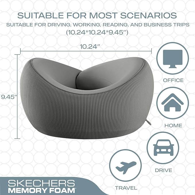 Skechers Men's Memory Foam Neck Pillow, Comfortable & Breathable Travel Pillow,Neck Pillow Airplane for Travel, Car Rides, Home, and Office Use, Ergonomic Design for Men and Women,Grey