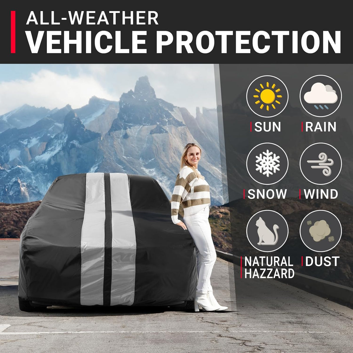 iCarCover Custom Car Cover for Chevy Citation (1980-1986) Waterproof All Weather Rain Snow UV Sun Protector Full Exterior Indoor Outdoor Car Cover (Stripe - Black/Gray)
