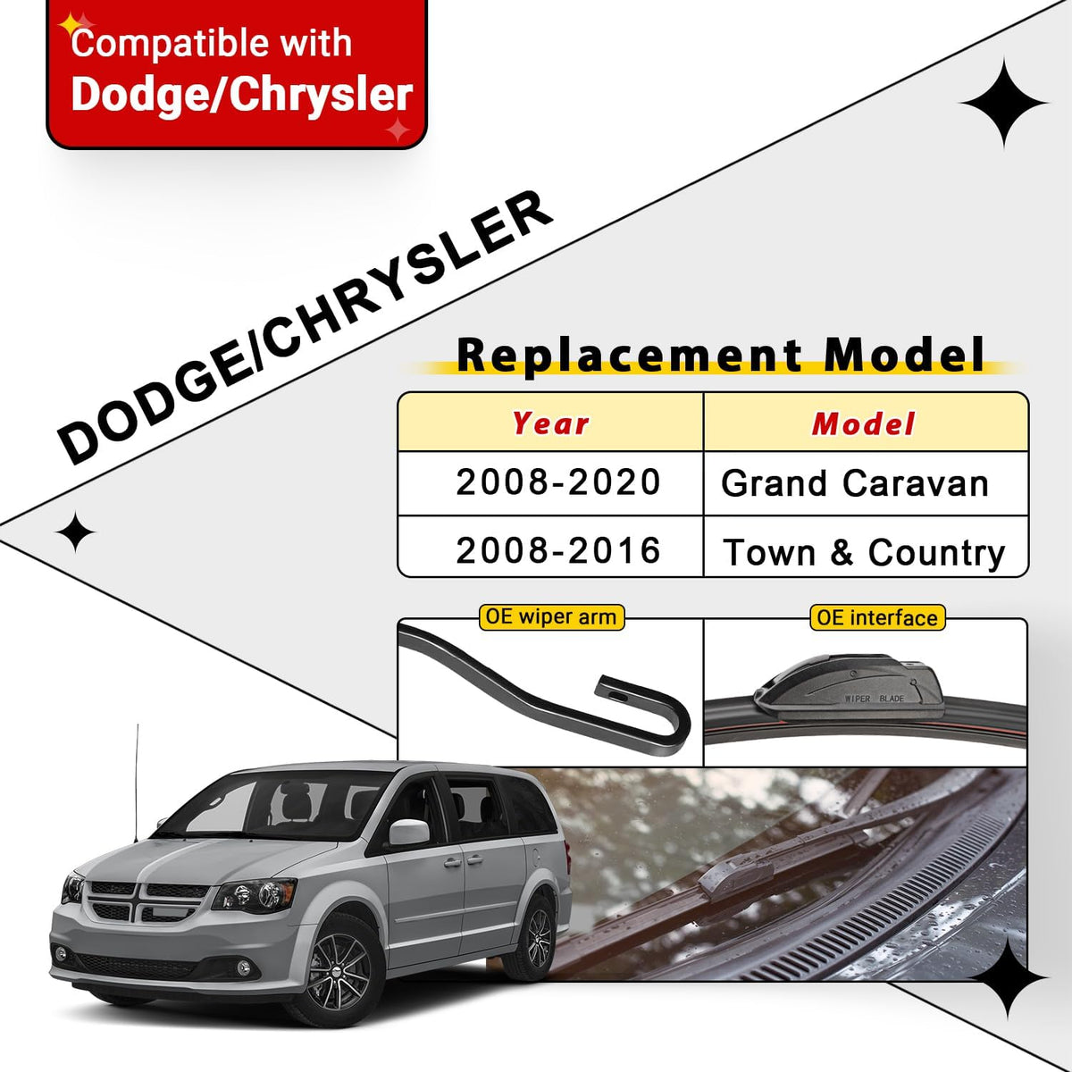 Windshield Wiper Blades Replacement for Dodge Grand Caravan 2008 2009 2010 2011 2012 2013 2014-2019 Original Factory Quality Front Rear Wipers Blade Set for Car - 26" 20" 16" (Piece of 3)