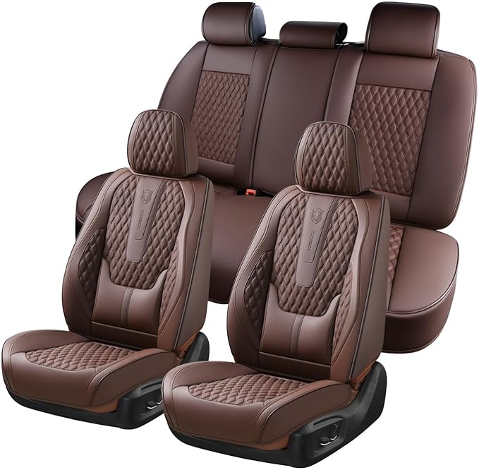 Coverado Car Seat Covers Full Set, 5 Seat Leather Seat Covers for Cars, Car Seat Protector with Lumbar Support, Waterproof Seat Covers Universal Fit for Most Cars SUV Trucks (Coffee)