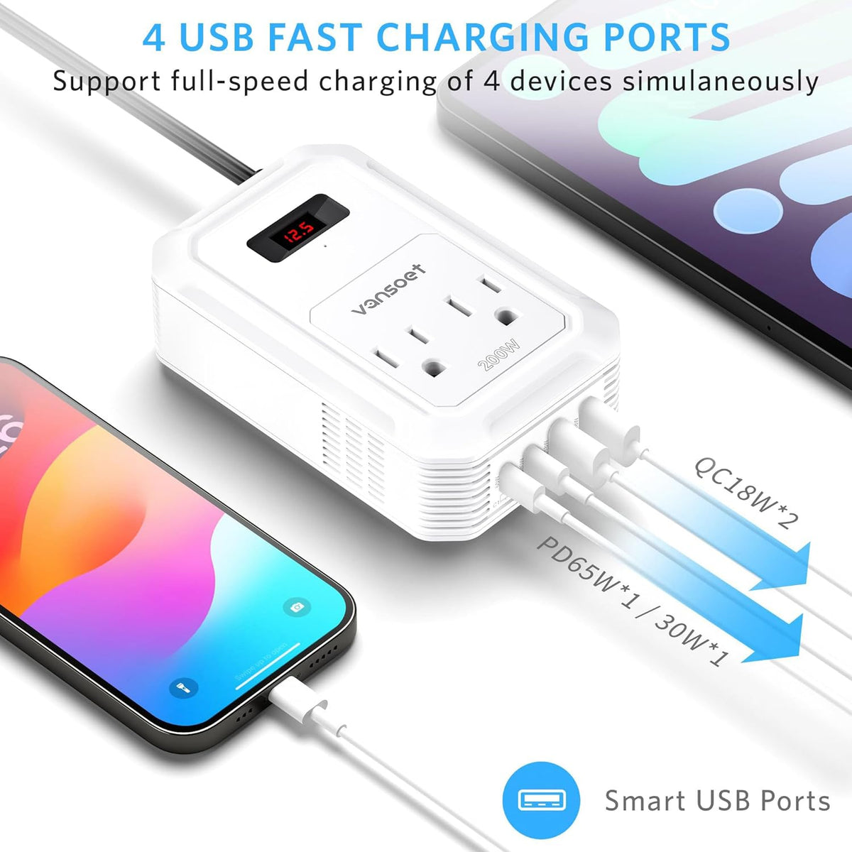 200W Car Power Inverter DC 12V to 110V AC Inverter with PD 65W/30W USB C & 2 QC 18W USB Ports & 2 AC Outlets,Car Pluɡ Adapter Outlet for Laptop/Phone/Road Trip