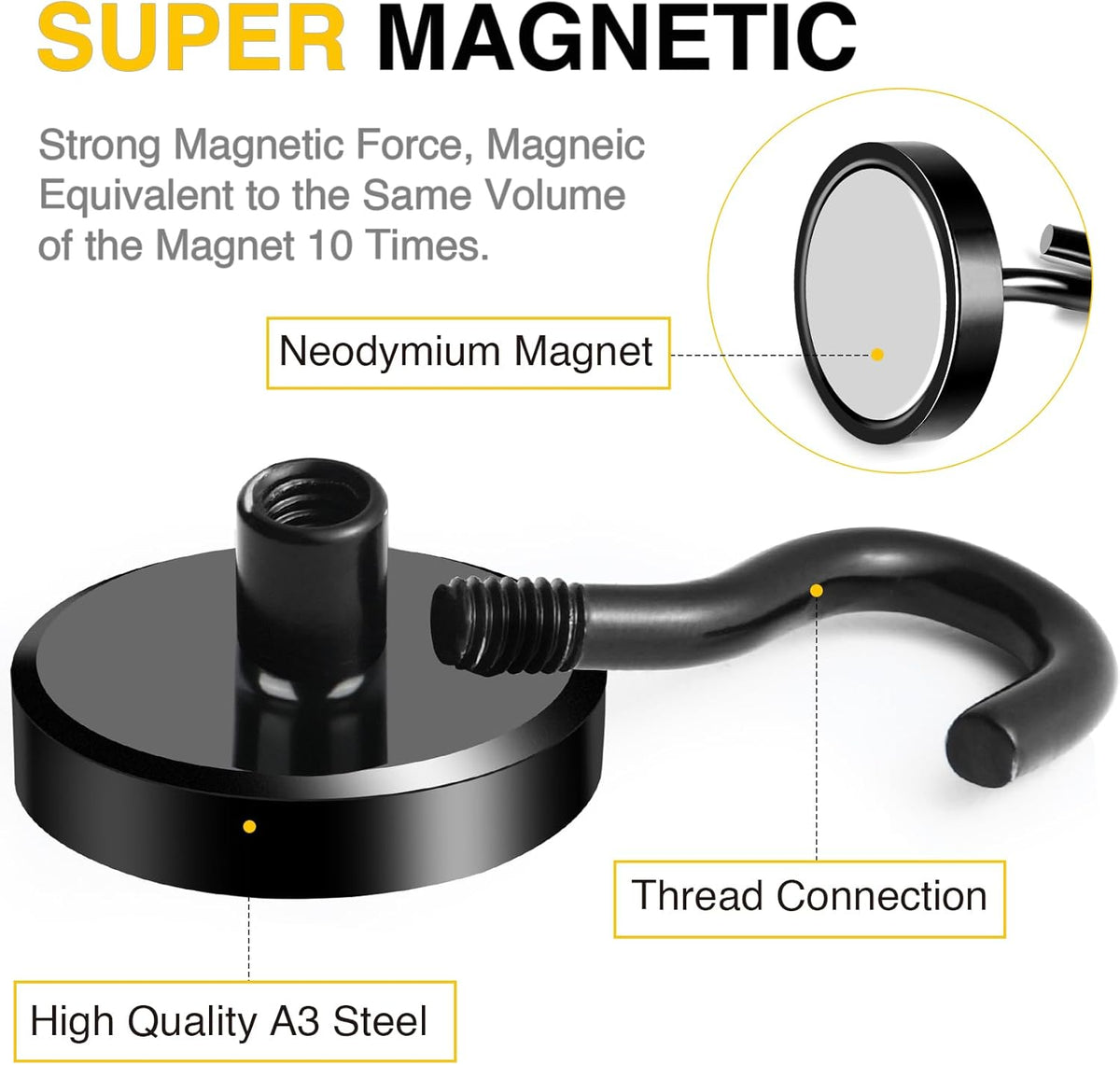 DIYMAG Black Magnetic Hooks, 118 LB Heavy Duty Strong Magnet with Hook, Rare Earth Neodymium Magnets for Hanging, Magnetics Hanger for Curtain, Home, Kitchen, Workplace, 20 Packs