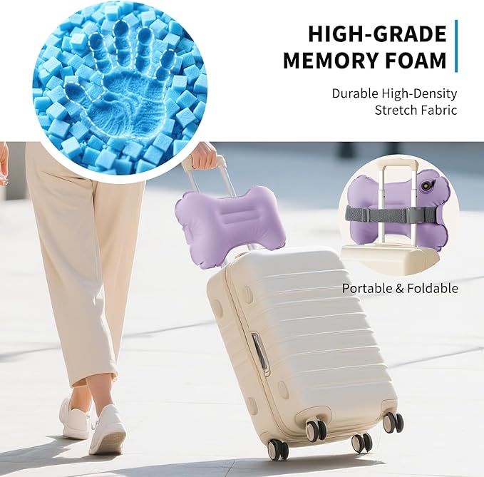 Mixtrend Travel Lumbar Pillow Inflatable Lumbar Support Pillow with Memory Foam, Back Support Pillow for Airplane Long Flight, Essential Travel Support Pillow for Women Men Kids（Lavender）