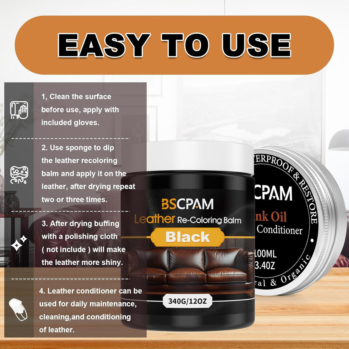 12oz Leather Recoloring Balm & 3.4oz Mink Oil Leather Conditioner kit,Black Leather Color Repair Kits for Couches, Leather Couch Paint Scratch Repair for Furniture Car Sofa Shoes Leather Dye