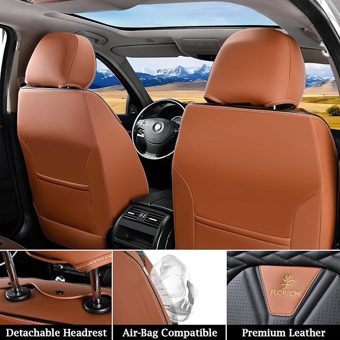 FLORICH Seat Covers for Cars, Waterproof Seat Covers, Leather Car Seat Covers 2 Pack, Universal Seat Cushion Protector for Most Cars Trucks SUV-Brown&Black