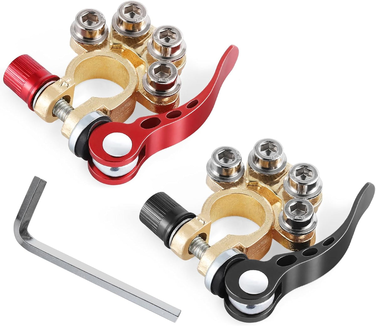 SINGARO Car Battery Terminal Connector, 4 Way Positive and Negative Pole Quick Release Terminal Clip, Applicable to SAE/JIS A Type Terminal Post, Compatible with Cars, Trucks and More（Gold-B）
