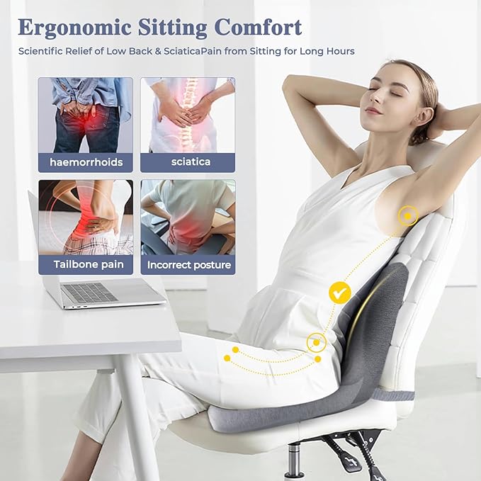 Ergonomic Seat Cushion with Adjustable Strap, Memory Foam Office Chair Seat Cushion with L-Shaped Design, Car Seat Cushion Fits for Truck Driver Semi Truck, Gaming Chair, Desk, Light Gray