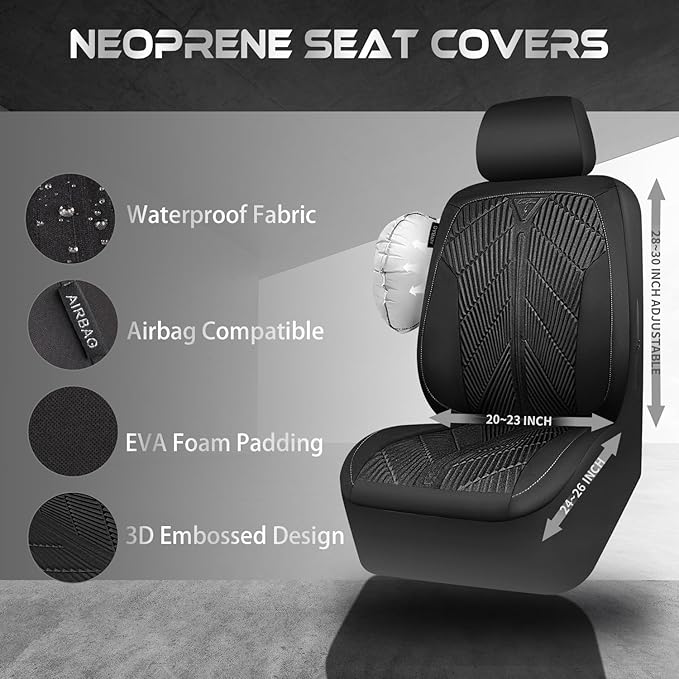 CAR PASS Waterproof Car seat covers Front Seats covers Neoprene Wetsuit, All-Weather Non-Slip Durable, Universal Fit for SUV Sedans Trucks Vans Automotive, Armrest Airbag Compatible, 3D Emboss 2 Black
