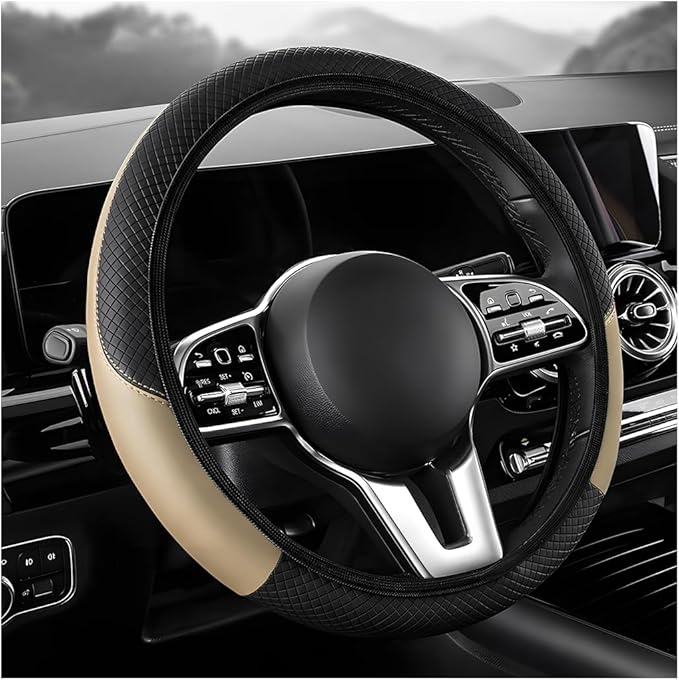 Car Steering Wheel Cover, 15 inch Carbon Fiber Microfiber Leather Elastic Steering Wheel Protector, Breathable Anti-Slip Comfortable Steering Wheel Covers for Most Cars (Beige, AD)
