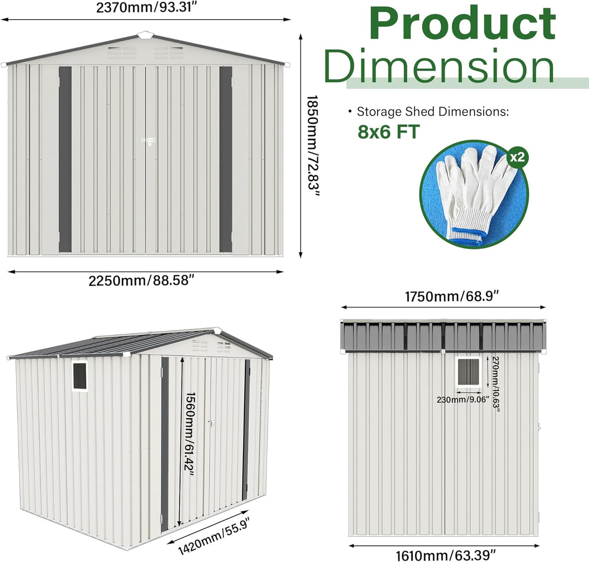 8x6 FT Outdoor Storage Shed with Windows, Metal Sheds & Outdoor Storage with Lockable Door and 4 Vents, Outside Storage Shed Waterproof for Backyard, Patio, White+Gray