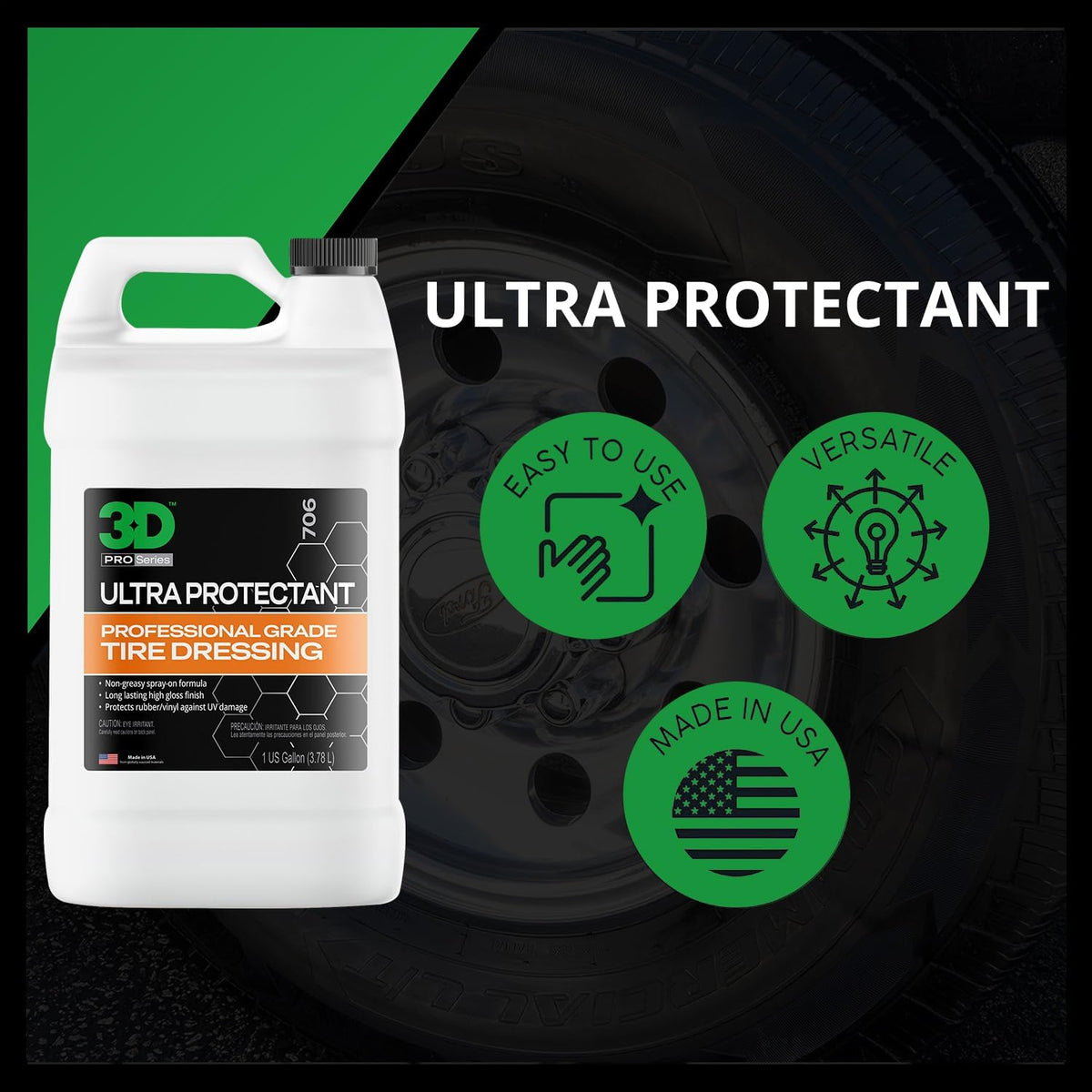 3D Ultra Protectant Tire Shine Spray – Water-Based High Gloss Tire Dressing | Long Lasting UV Protection for Rubber & Vinyl | No Sling | Made in USA |1 Gallon