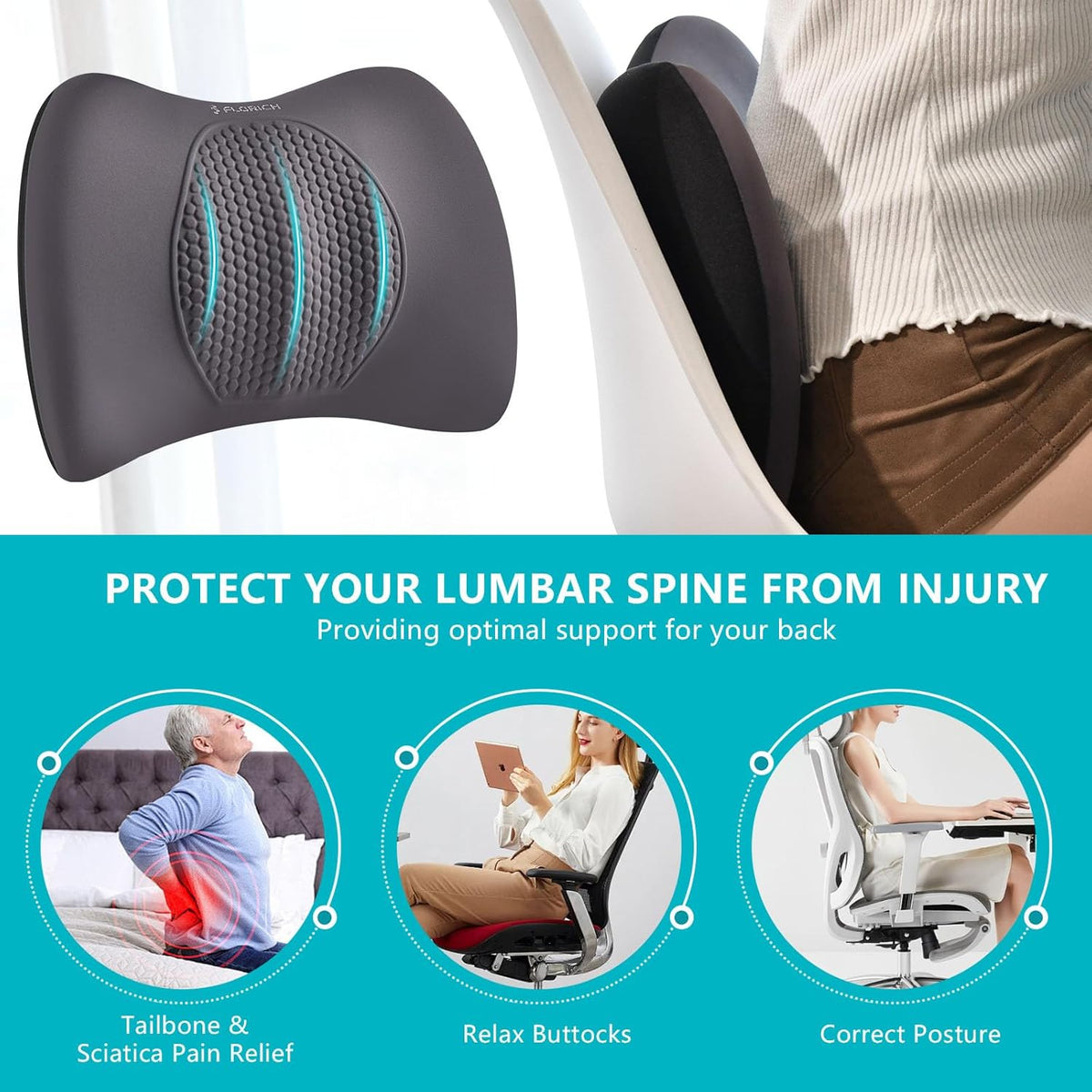 FLORICH 3 PCS Seat Cushion for Carseat Lumbar Support Pillow Car Neck Headrest Pillows Memory Foam Seat Pads Pressure Relief Back Cushion for Office Chair(Grey)