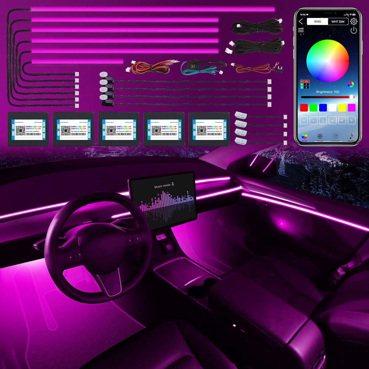 Acrylic Interior Car LED Strip Light with Wireless APP, RGB 14 in 1 with 175 inches 600 LEDs Fiber Optic Car Ambient Lighting Kits, 16 Million Colors Sound Active Function LED Strip for Car