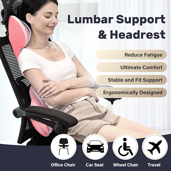 Coverado Lumbar Support and Headrest Pillow for Car, Memory Foam Ergonomic Head Neck Support Pillow for Driving Seat, Back Support and Pain Relief, Seat Cushion for Car, Driver, Office