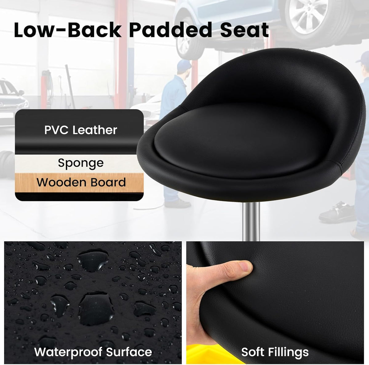 Goplus Rolling Garage Stool, 20”-25” Height Adjustable Mechanic Stool w/Magnetic Tool Tray, 2.5" Thick Padded Seat, Universal Lockable Wheels, Pneumatic Creeper Seat for Repair Shop, 350LBS Capacity