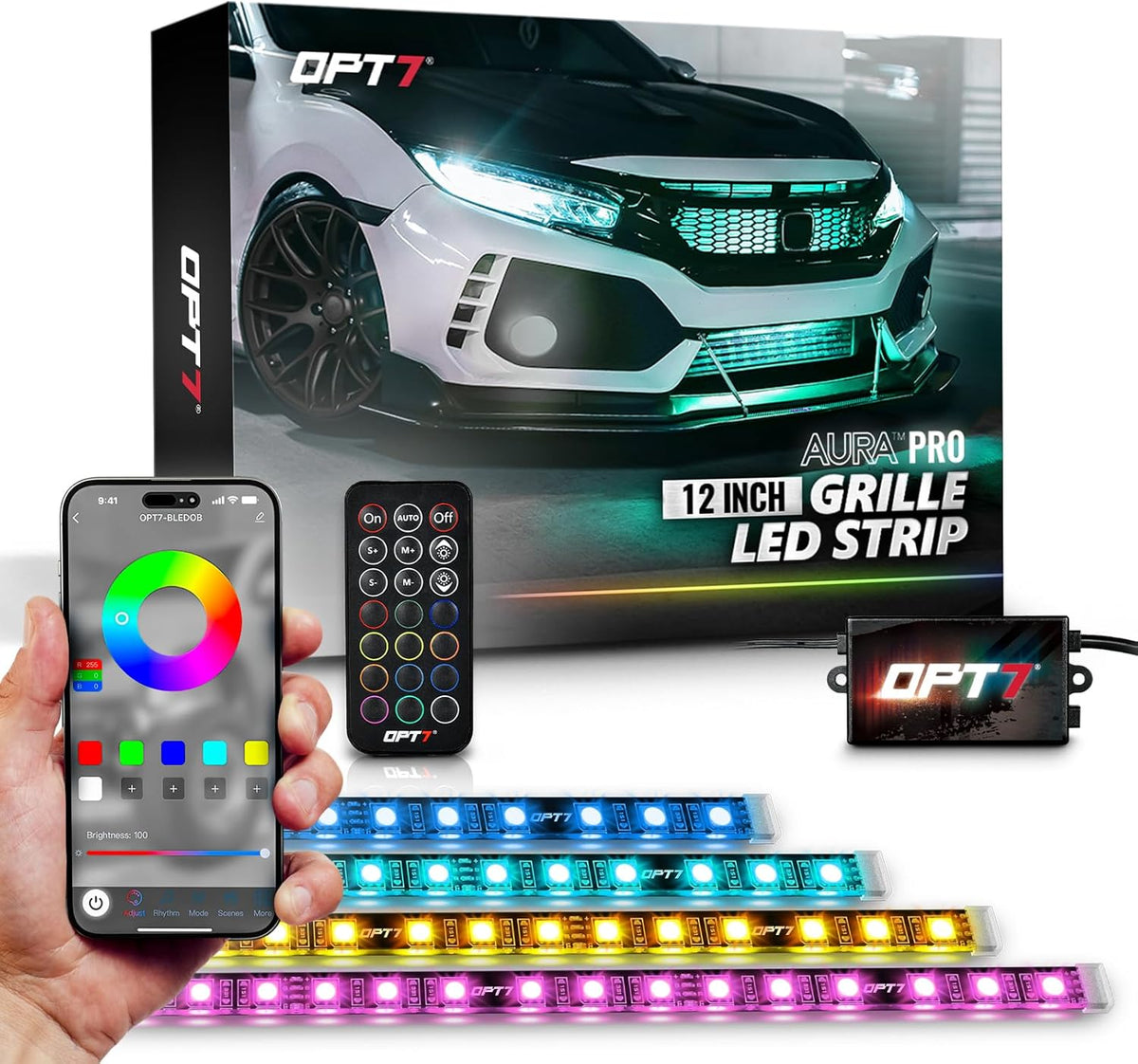 OPT7 Aura Pro RGB LED Grille Lights with App & Remote Control, 4pcs 12" Light Strips, Waterproof Front Grill Valence, Music Sync, Multi-Color Exterior Lighting Kit, Universal for Cars Trucks Vans SUV