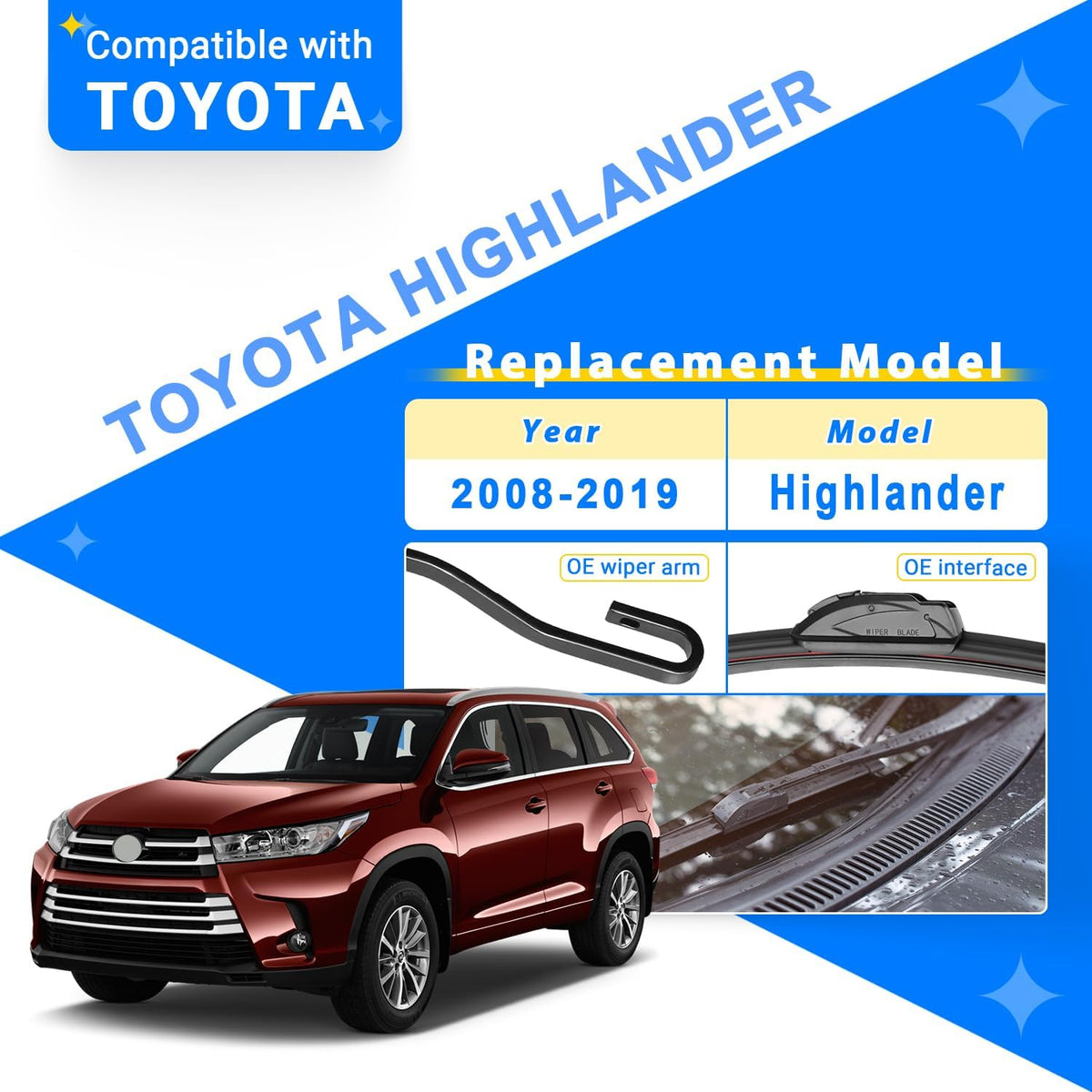 Windshield Wiper Blades Replacement for Toyota Highlander 2008-2019 Original Factory Quality Front Rear Wipers Blade Set for My Car - 26" 20" 12" (Pack of 3)