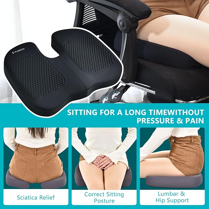FLORICH Car Seat Cushion and Back Support for Office Chair Memory Foam Chair Cushions Pressure Relief Seat Pads with Gel Massage Point Lumbar Support (Light Black)
