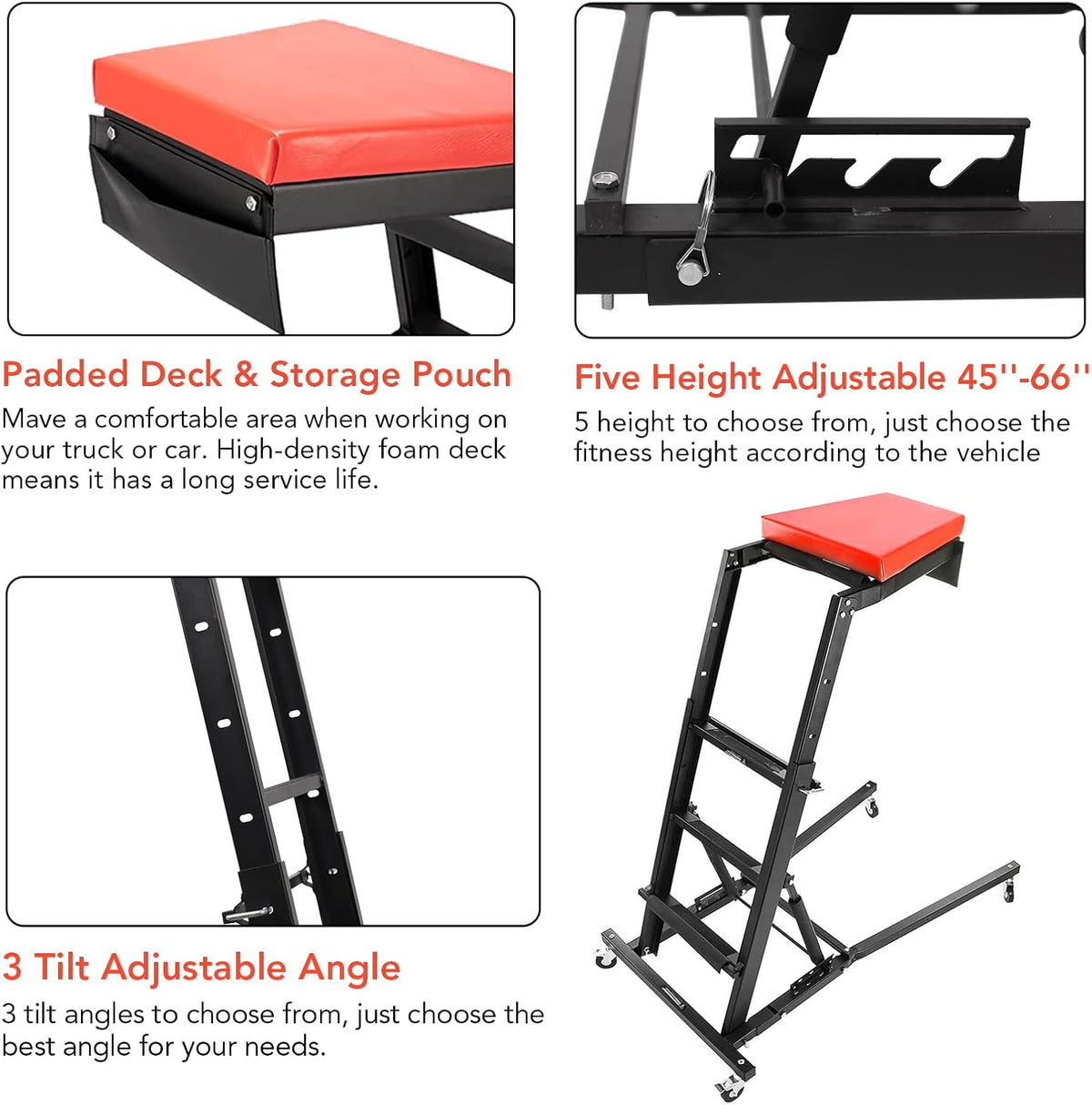 Automotive Engine Creeper - Adjustable Height, Foldable Design with Thick Padded Deck, Heavy-Duty Capacity for Home Garage & Workshop Repair. Versatile for Trucks & Auto Maintenance, Topside Use, Comf