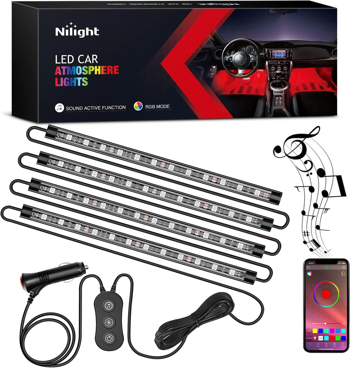 Nilight RGB LED Car Interior Stripe Light with APP Control Multicolor Music Sync Mode Waterproof Car Under-Glow Lighting Lamp Kits Universal Cars Truck ATV UTV