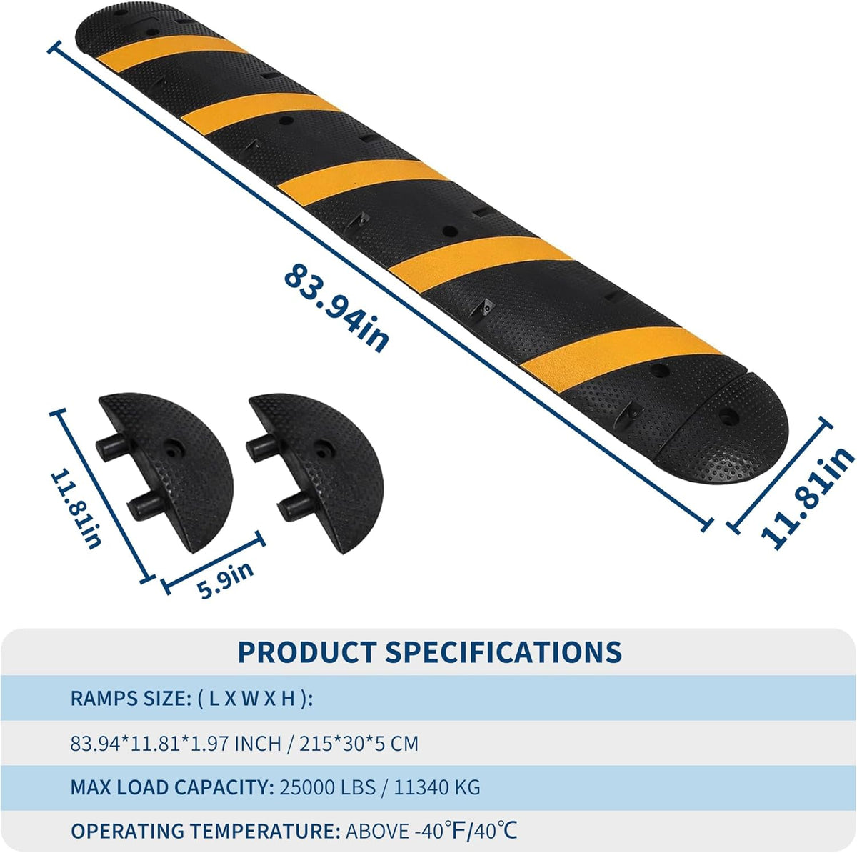6FT Speed Bumps Wite End for Road, Heavy-Duty 25,000 Lbs Capacity Traffic Rubber Speed Humps with 2 Channel Floor Cord Cover for Asphalt Concrete Gravel Driveway Road