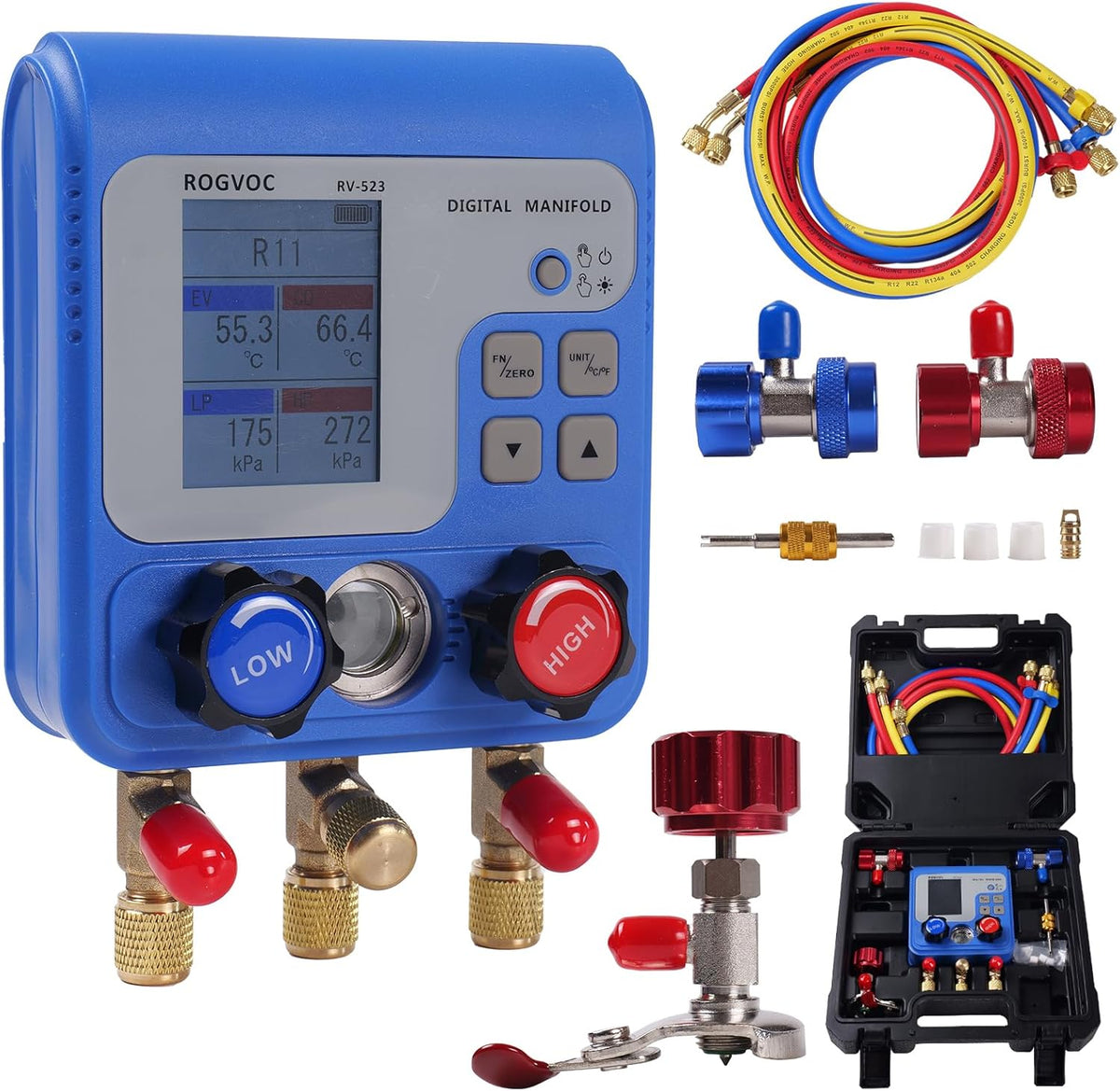 Digital Manifold Gauge Set, HVAC Pressure and Air Tightness Test Gauges, Refrigerant AC Gauges with 3 Hoses, for R22/R410A/R134A Refrigerant Recharge Kit
