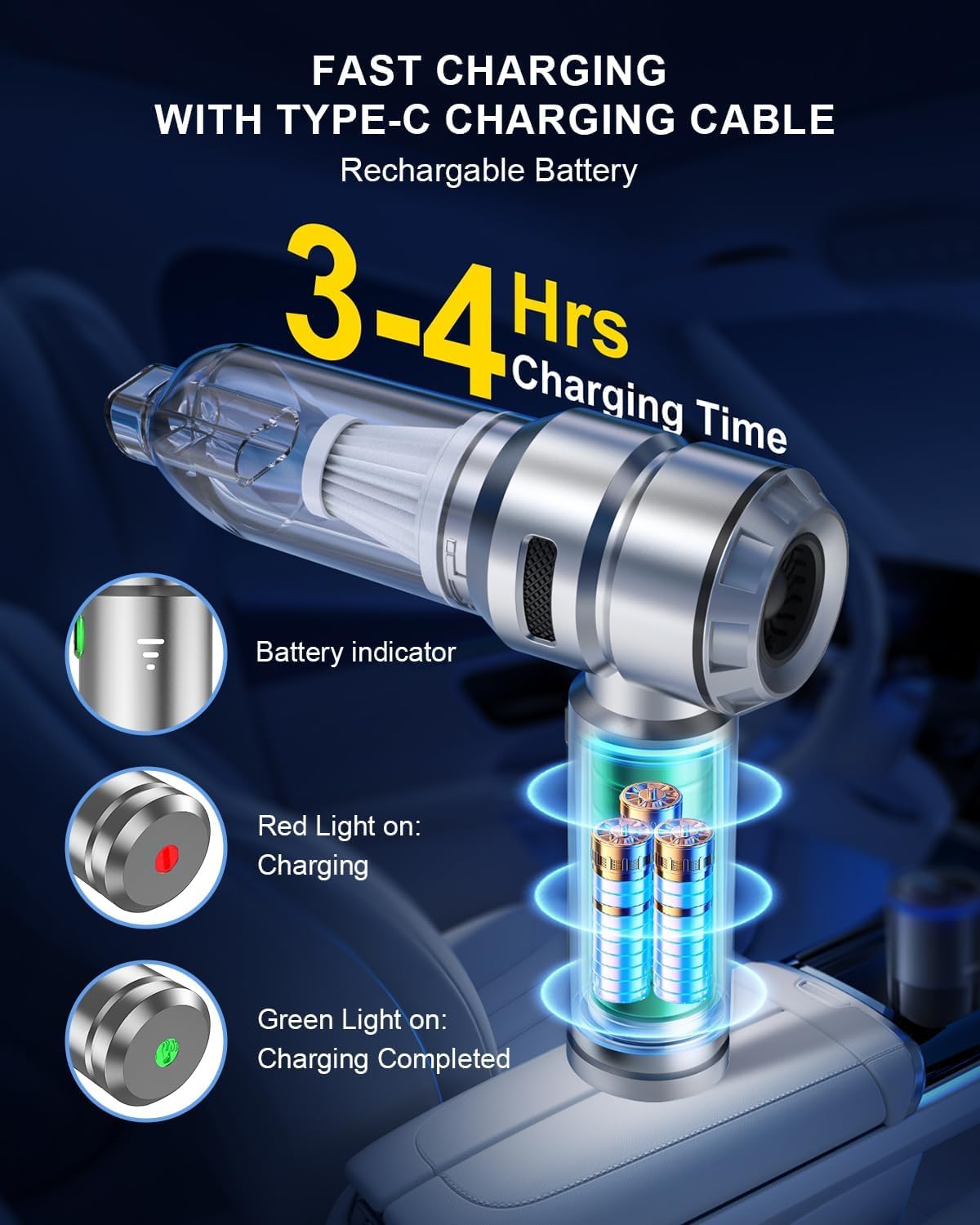 Car Vacuum,3 Suction Modes,Portable Mini Cordless Cleaner with 21000pa Suction Power,Type-C Charge,Handheld Vacuum for Home,Car, Office Desk, Keyboards(Diamond Silver)